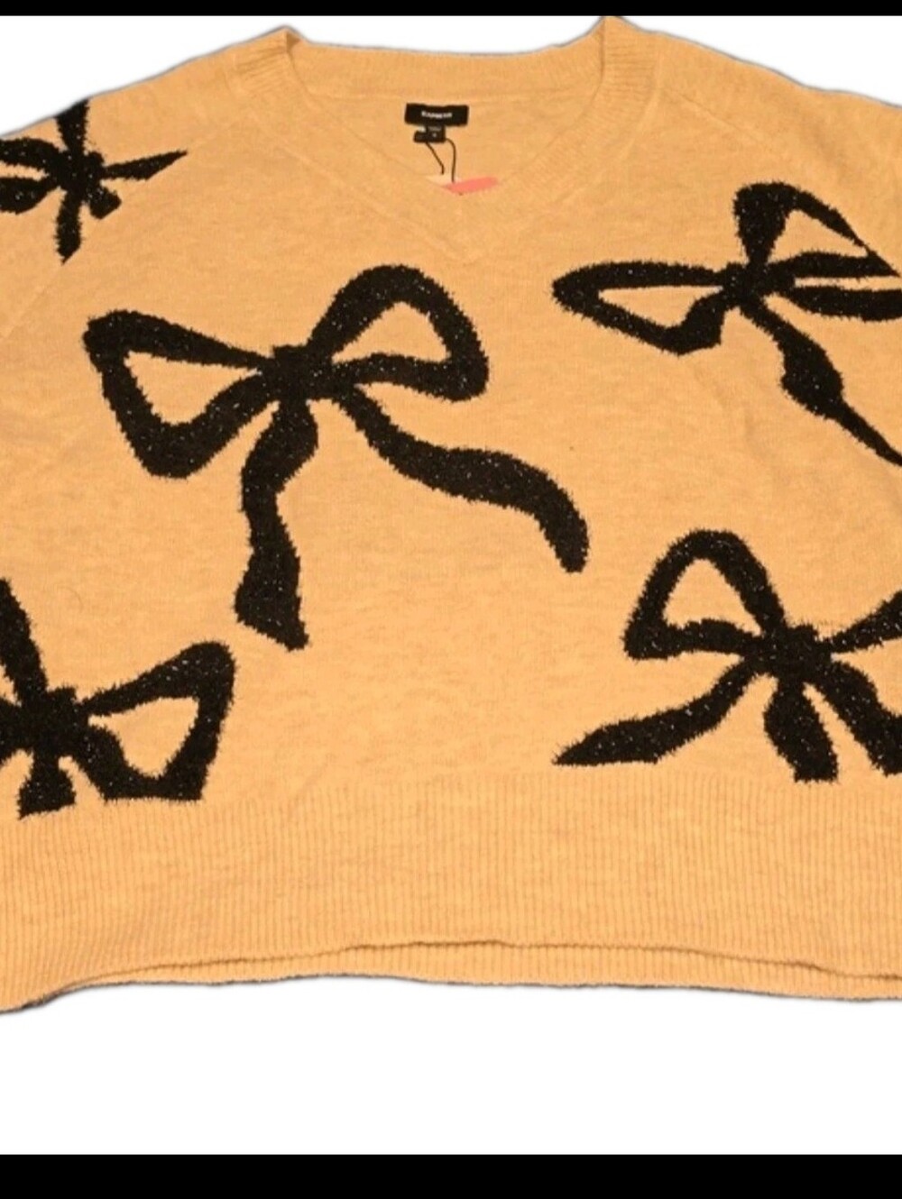 NWT Express Women’s S White Black Bow Tie Cashmere Like Soft Knit Sweater